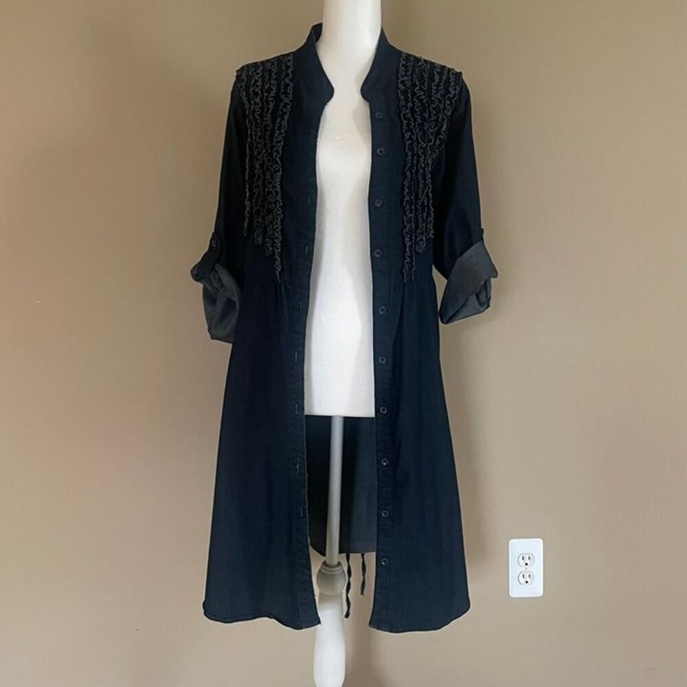 DramaGold Denim 1X Jacket-Mini Dress Ruffles Roll Tab Sleeves Button Down